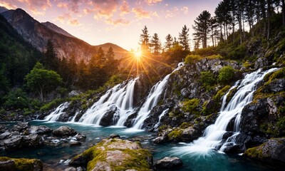 Scenic Waterfall Pouring Into a Reflective Pond in a Blooming Spring Meadow &ndash; Tranquil Sunrise Over a Picturesque Natural Escape