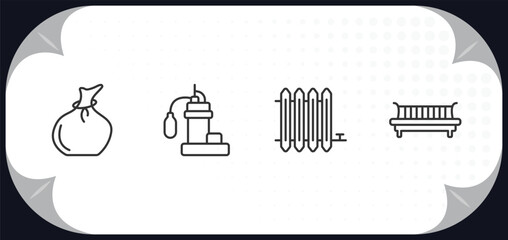 outline icons set - furniture & household concept. garbage bags, sump pump, radiator, daybed.