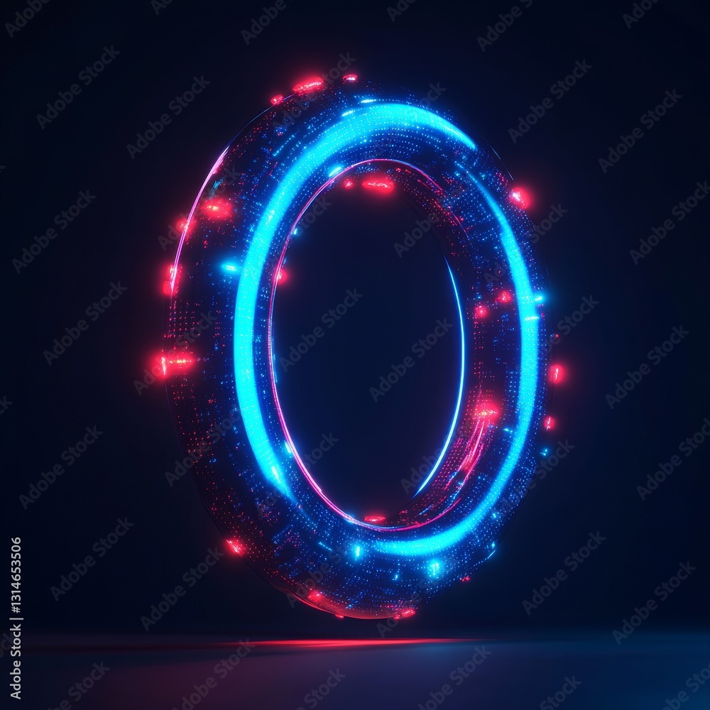 Poster futuristic portal: a ring of light with glowing dots and vibrant colors radiating in the dark