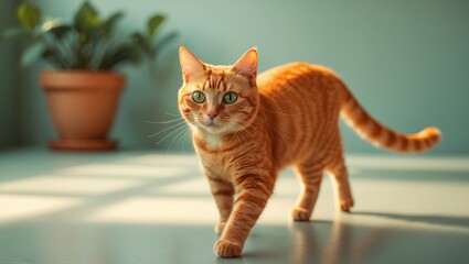 happy orange cat approaching the camera directly