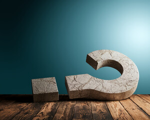 Stone large question mark on wooden surface, against teal background. Broken design symbolizes uncertainty, inquiry, or problem-solving. Free space for text.