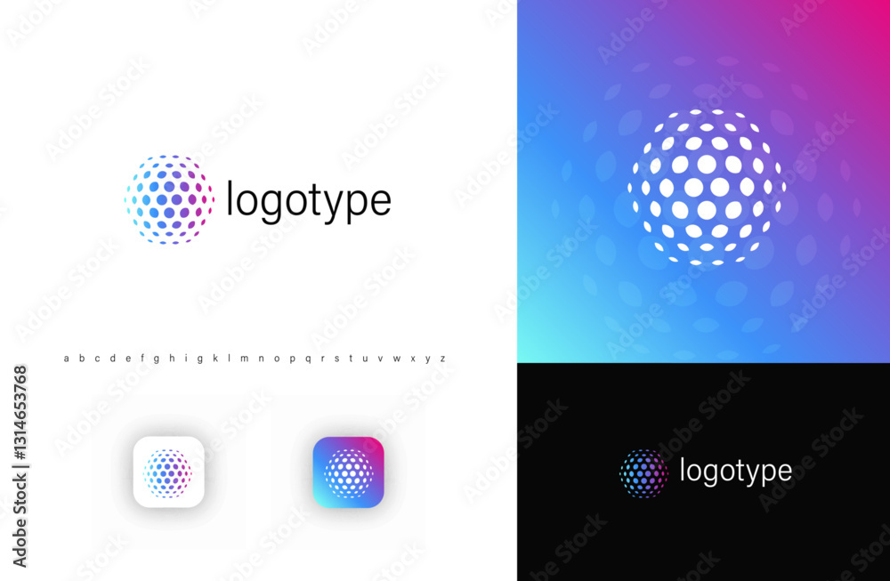 Aufkleber Futuristic sphere made of dotted patterns symbolizing digital networks, AI innovation. Represents technology, global connectivity, big data. Ideal for tech software, cybersecurity. Vector logo
