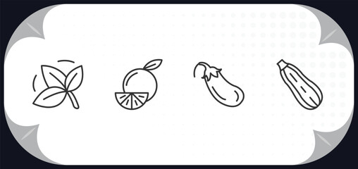 outline icons set - fruits and vegetables concept. basil, orange, aubergine, zucchini.
