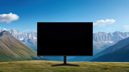 Fototapeta premium Black Monitor Screen on Grassy Hilltop Mountain Range View