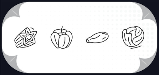 outline icons set - fruits and vegetables concept. star fruit, paprika, courgette, cabbage.