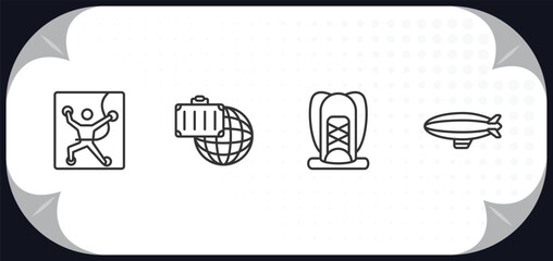 outline icons set - free time concept. climbing, traveling, hiking, airship.