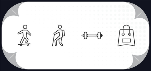 outline icons set - free time concept. skateboarding, trekking, dumbell, bags.