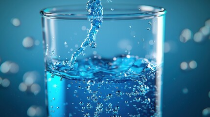 Close-Up of Crystal Clear Blue Liquid in Beaker with Bubbles and Splashes for Stock Photography Use