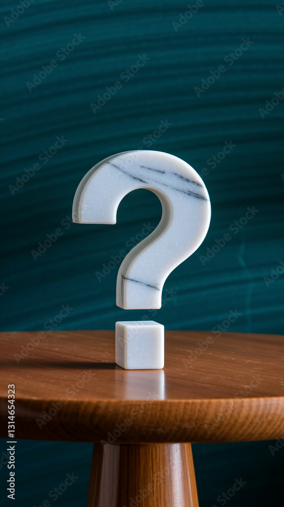 Poster marble large question mark on wooden table against teal background, showcasing inquiry, uncertainty,