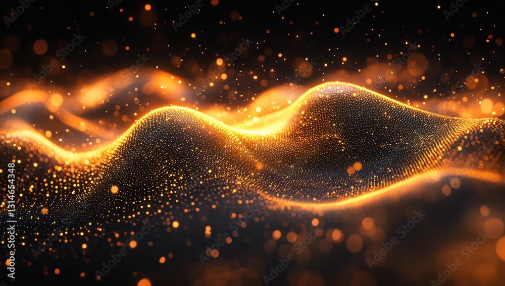 Poster abstract visualization of golden particles flowing in a wave-like pattern with beautiful bokeh effec