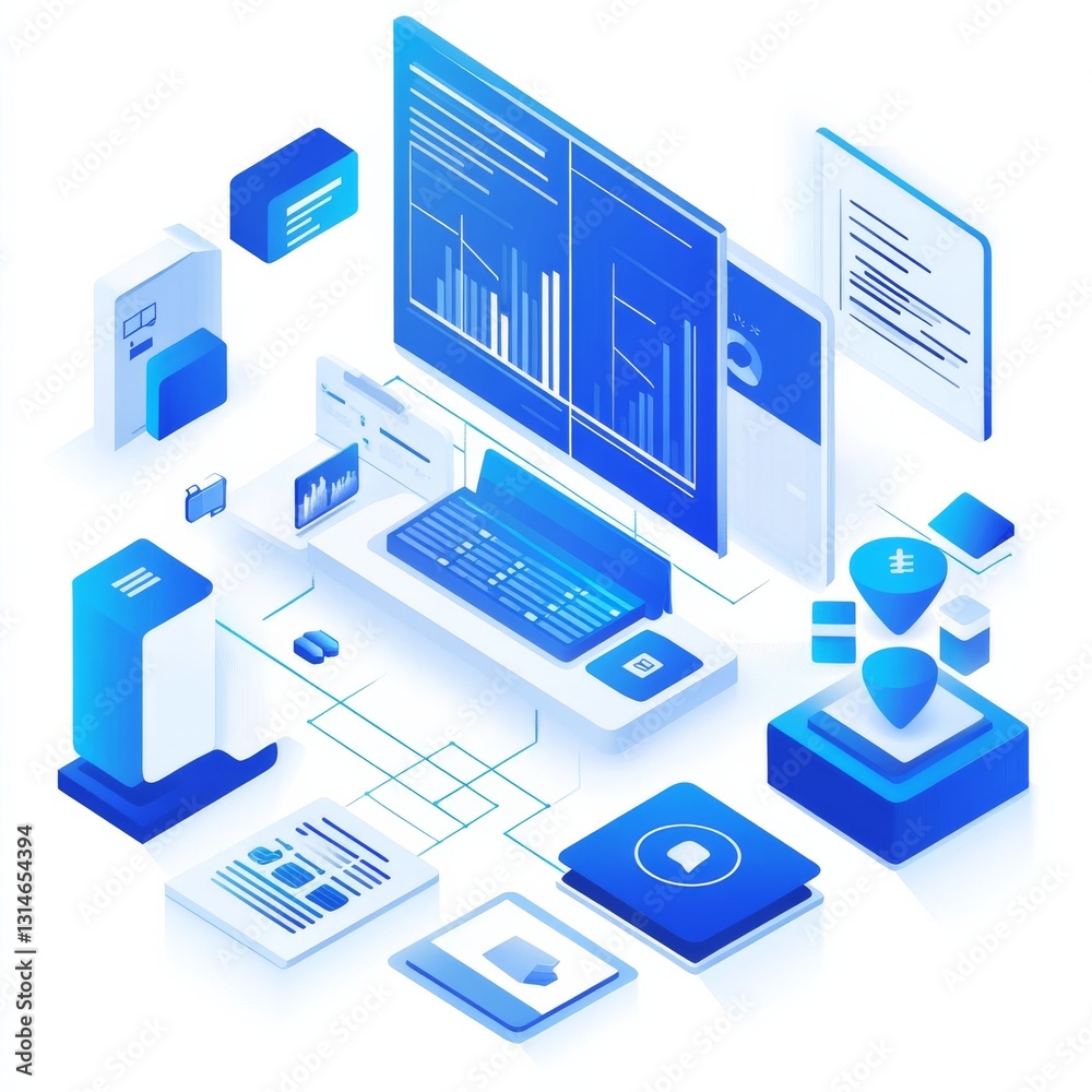 Poster Isometric Illustration: Data Analysis and Technology Infrastructure, Visualizing Connection and Insights