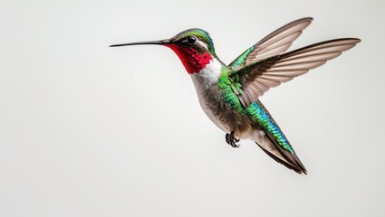 Fototapeta premium Hummingbird in flight against a plain background.
