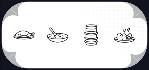 outline icons set - food and restaurant concept. peking duck, black sesame soup, beer keg, soy eggs.