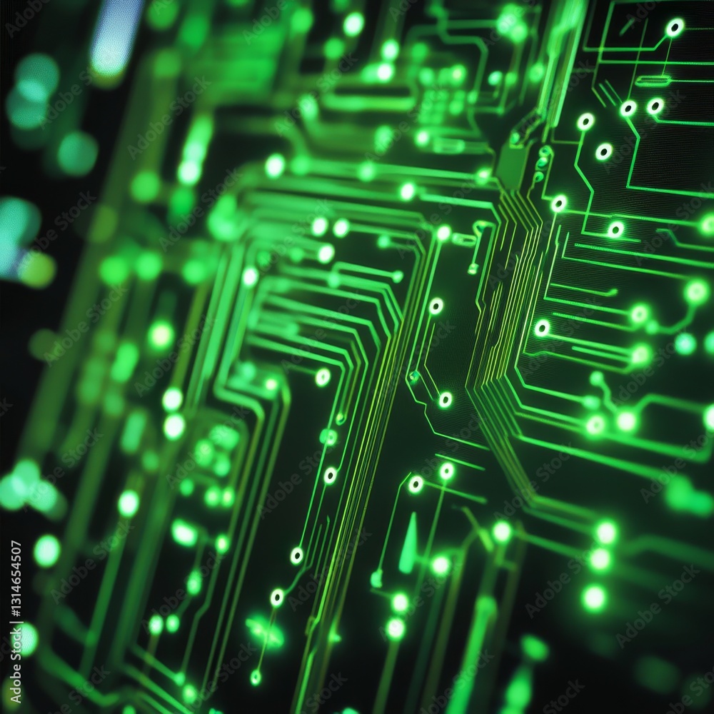 Aufkleber luminous green: a detailed look at a printed circuit board, highlighting the intricate pathways and 