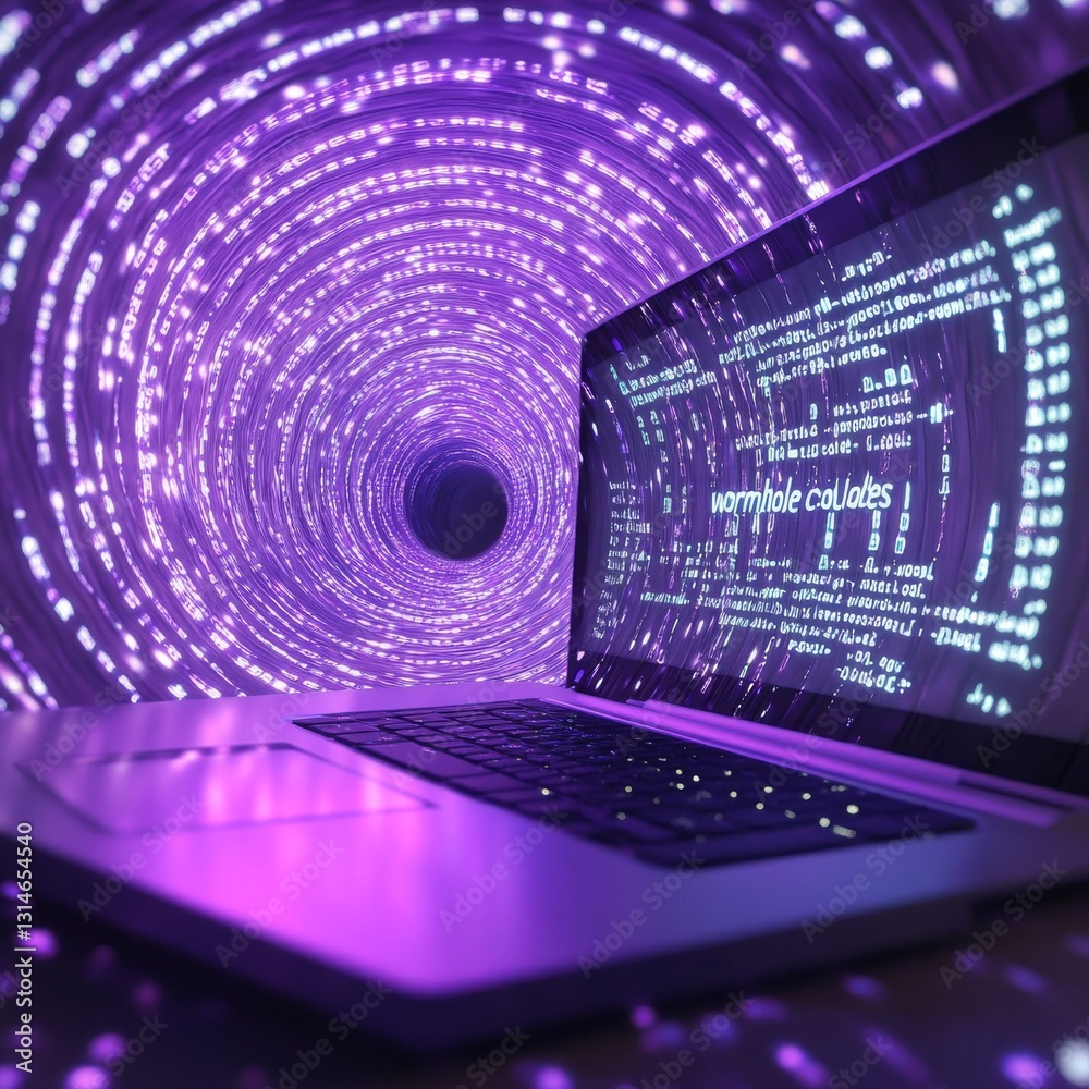 Aufkleber laptop screen displaying code over a glowing purple wormhole, futuristic tech landscape.