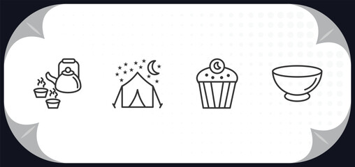 outline icons set - food concept. japanese tea pot, night camping, zombie muffin, empty bowl.