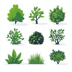 Obraz premium Nine Varieties of Greenery: A Showcase of Trees, Shrubs, and Grass Textures in Vector Illustration.