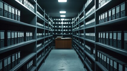 Empty evidence room furnished with metallic shelves filled with confidential documents, storage containing criminal investigation files. Detective desk featuring criminology report. Investigation c...