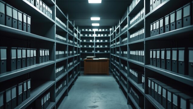 Empty evidence room furnished with metallic shelves filled with confidential documents, storage containing criminal investigation files. Detective desk featuring criminology report. Investigation c...