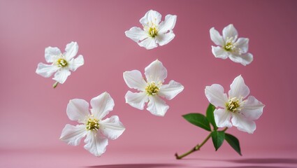 Obraz premium Jasmine bloom. A stunning white Jasmine flower floating in the air against a pink background. Concept of levitation or zero gravity. High-resolution image.