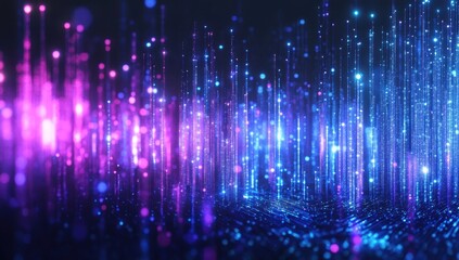Abstract visualization of vibrant glowing particles forming dynamic light waves in shades of blue, purple, and pink against a dark background