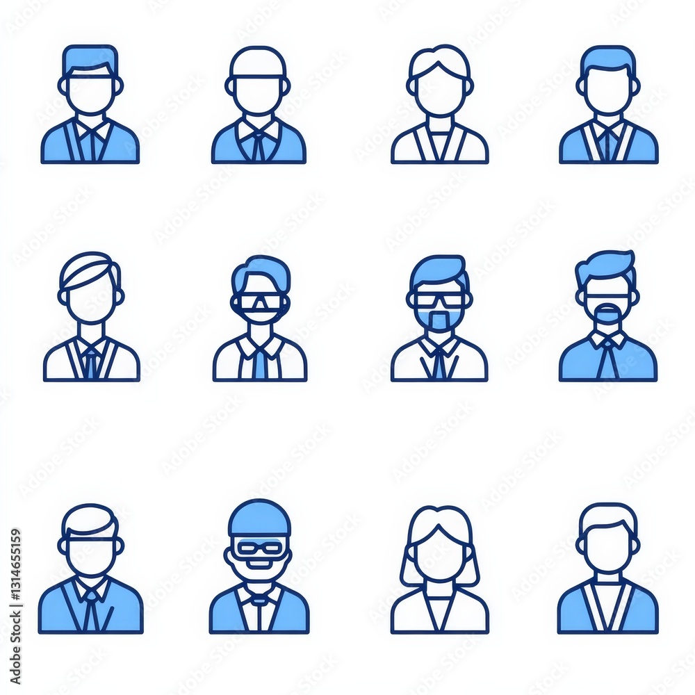 Poster Set of Line Style User Icons Representing Diverse Professions, Designed with a Clean Aesthetic and Business Theme