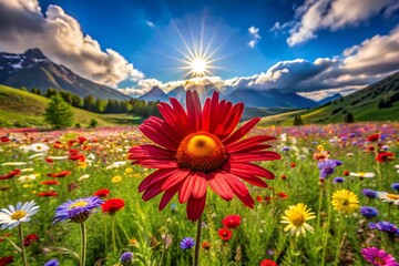 Fototapeta premium A Vibrant Red Flower Blossoms Brilliantly In A Breathtaking Alpine Meadow Bathed In Sunlight, Showcasing A Stunning Mountain Backdrop