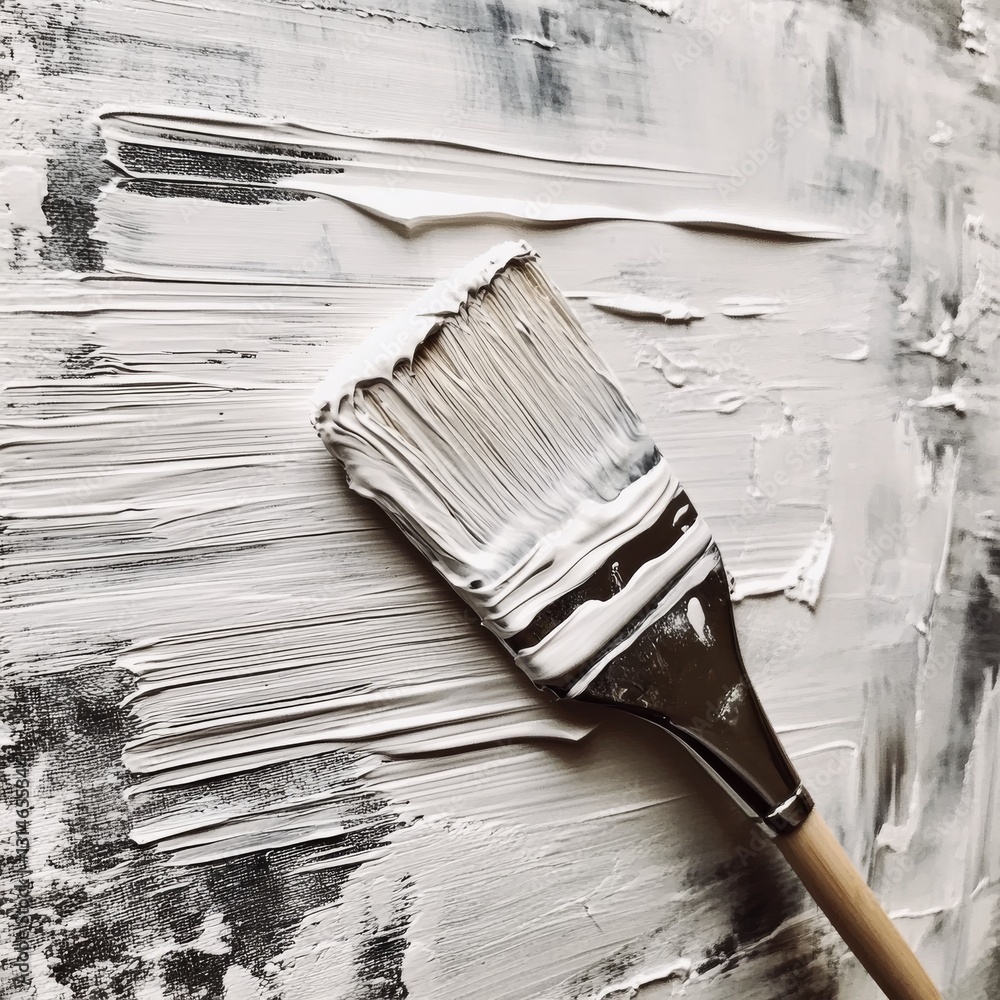 Poster textured canvas: a paintbrush strokes white acrylic paint across a dark surface, creating an artisti