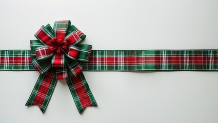 Christmas gift bow and ribbon in green, red, and white plaid pattern. Long border set against a plain background.
