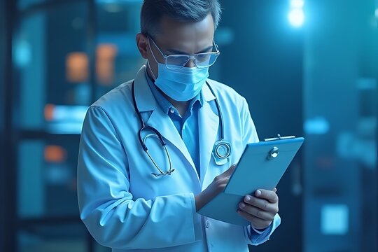 Healthcare professional analyzing patient data in a modern hospital setting technology medical environment close-up view