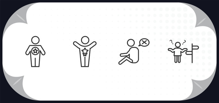 outline icons set - feelings concept. good human, special human, helpless human, lost