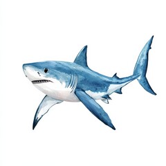 Naklejka premium Watercolor Great White Shark Illustration, Marine Predator with Sharp Teeth and Powerful Tail on a White Background