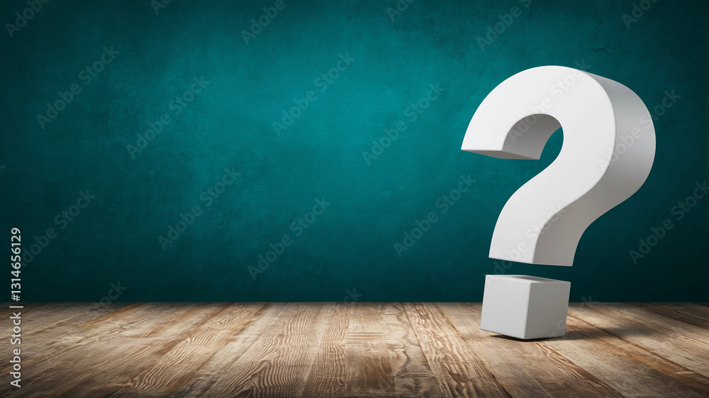 Poster white large question mark on wooden floor against teal wall background free space for text mockup