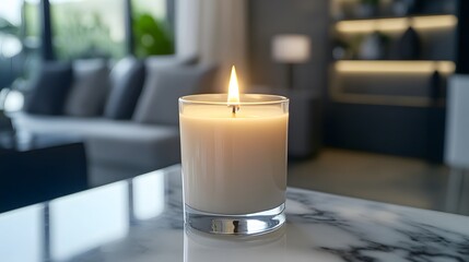 A refined candle with a delicate flame placed on a stylish marble surface amid modern decor accents, showcased in vivid HD quality.