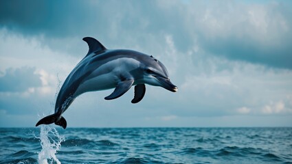 happy dolphin leaps out of the ocean into the air at a high altitude near the product