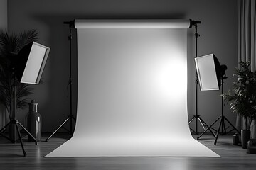 Photography setup in studio blank backdrop equipment display minimalist environment professional viewpoint