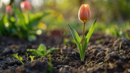 Spring bloom beauty: a single tulip in sunlit garden