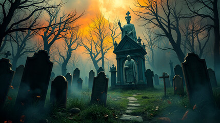 Fantastically mysterious cemetery with tombstones and terribly scary atmosphere, abstract vivid composition consists of fictional unreal fantastic vision on background
