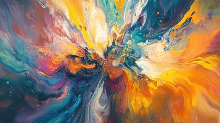 A vivid abstract paint burst with intricate swirling details, energetic motion, mesmerizing color play