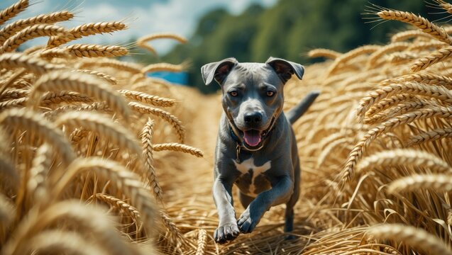 Gray dog running in a field of wheat. - Powered by Adobe