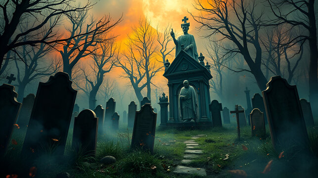 Fantastically mysterious cemetery with tombstones and terribly scary atmosphere, abstract vivid composition consists of fictional unreal fantastic vision on background