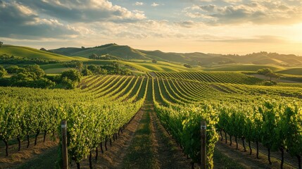 Fototapeta premium A serene vineyard landscape with rows of grapevines stretching across rolling hills under a beautiful sunset.