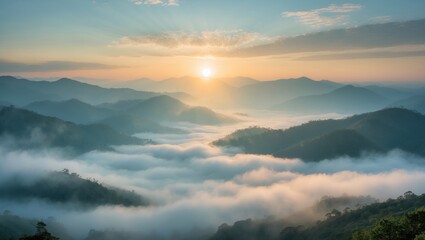 Fototapeta premium Capture the essence of a peaceful sunrise over misty mountains, where soft, golden sunlight tenderly illuminates the valleys below. This image reflects the tranquility of nature and the breath.