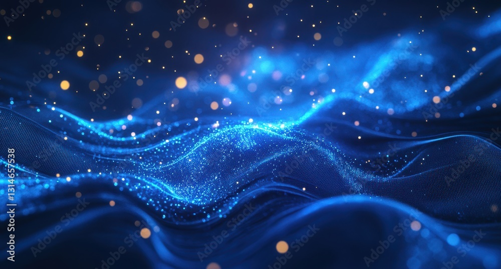 Poster abstract waves of blue light with sparkling particles creating a dreamy and ethereal atmosphere for 
