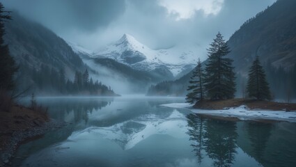 Tranquil landscape featuring a snow castle among clouds. A mountain creek flows from forested hills into a glacial lake. Snow-covered mountains visible through fog. A small river and coniferous tre...