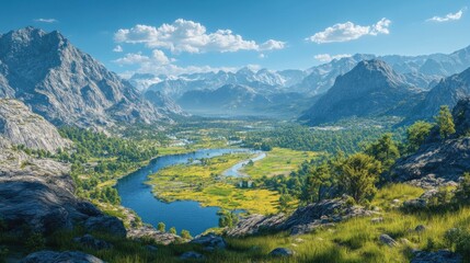 A breathtaking landscape featuring a winding river, lush greenery, and majestic mountains under a clear blue sky.