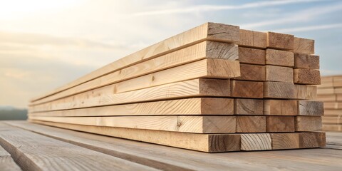 Stacked Wooden Planks in Natural Light on Construction Site