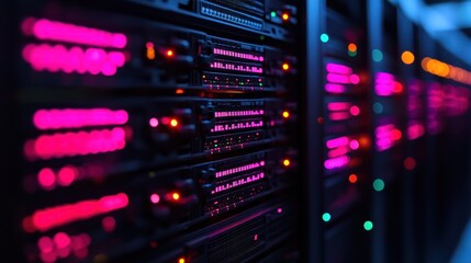 Vibrant Data Center: Servers Illuminated in Pink and Blue