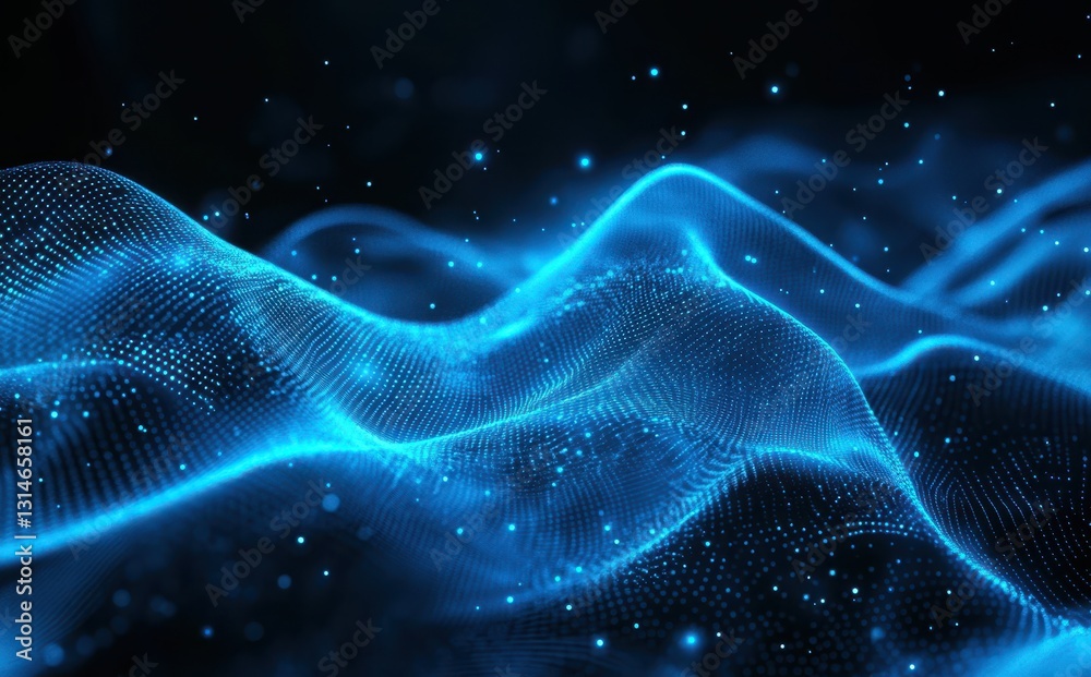 Poster abstract waves of light and energy with sparkling dots in a dark background representing technology 
