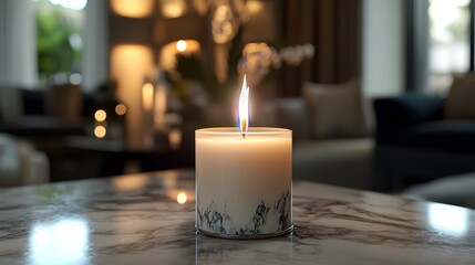A refined candle with a delicate flame placed on a stylish marble surface amid modern decor accents, showcased in vivid HD quality.